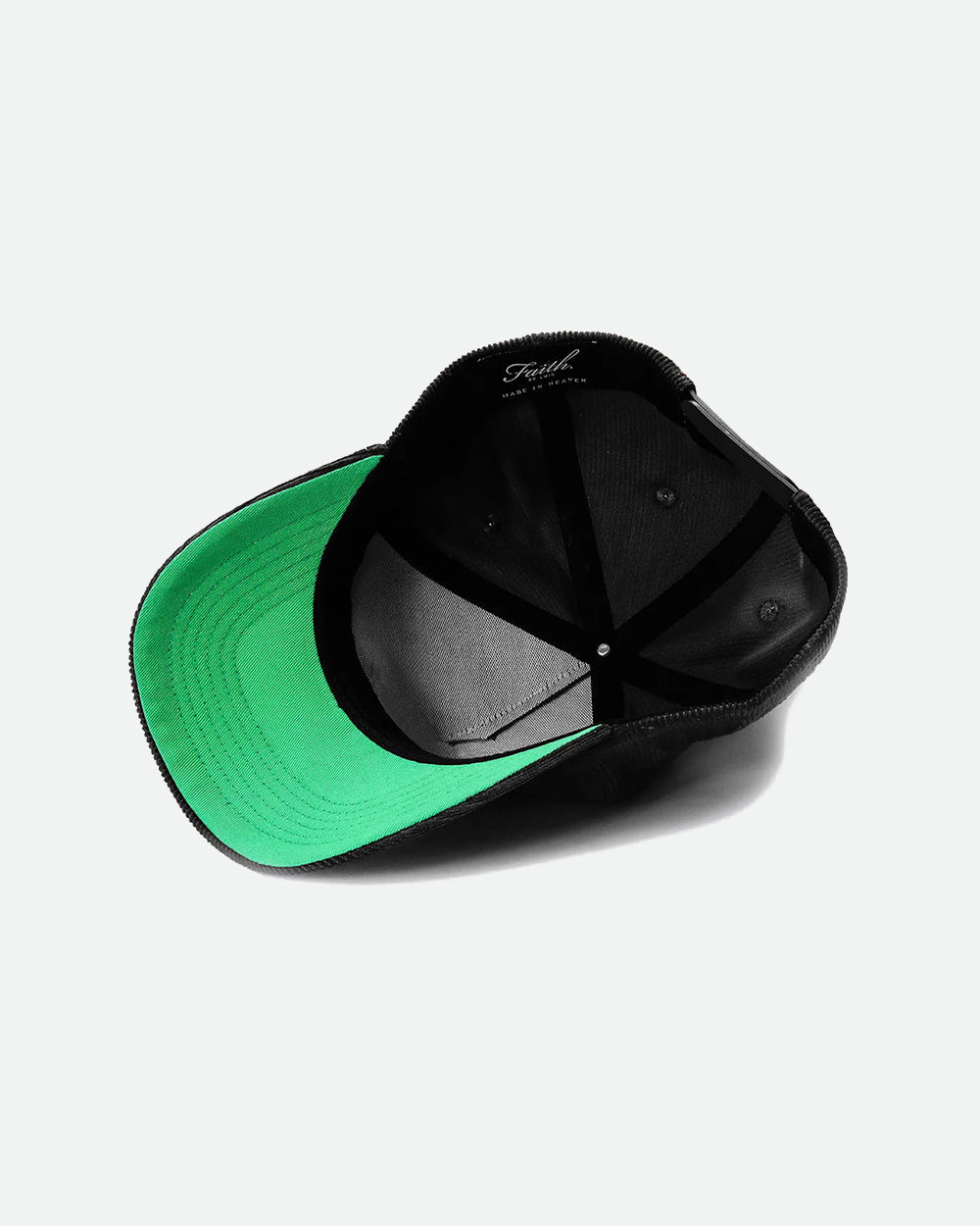 Under view of Faith black corduroy snapback hat with adjustable closure