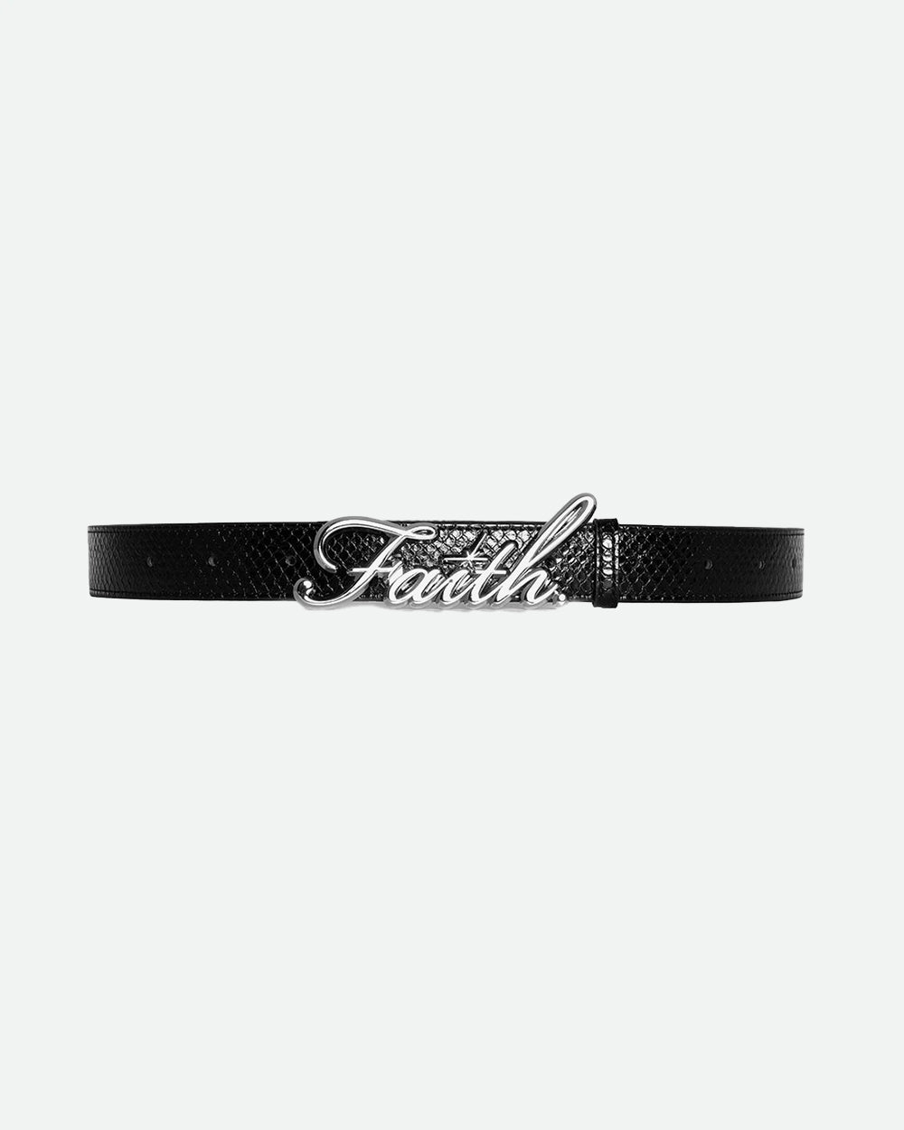 Chrome faith belt buckle on a black faux leather belt with embossed snake skin pattern