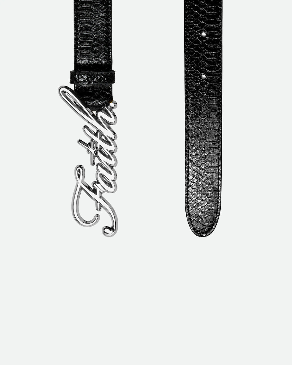 Chrome faith belt buckle on a black faux leather belt with embossed snake skin pattern