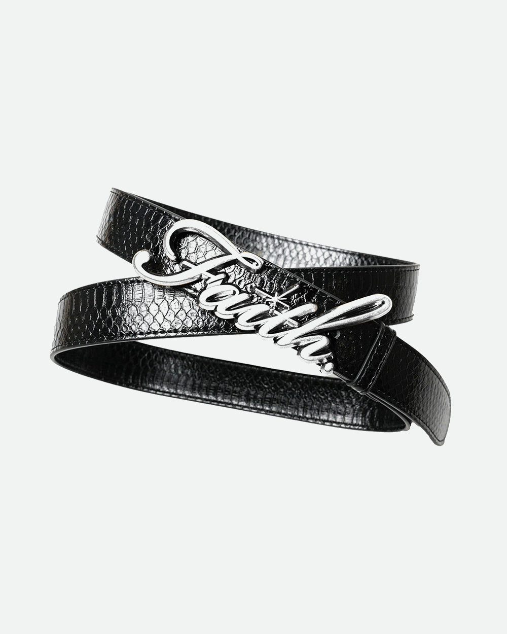 Chrome faith belt buckle on a black faux leather belt with embossed snake skin pattern