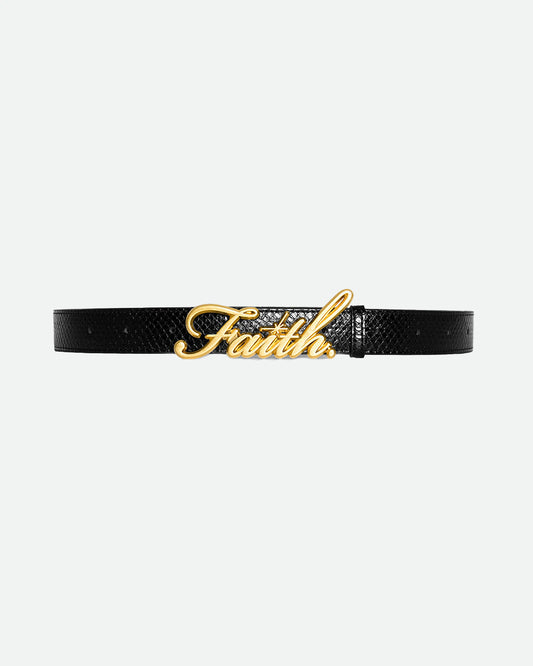 Gold faith belt buckle on a black faux leather belt with embossed snake skin pattern