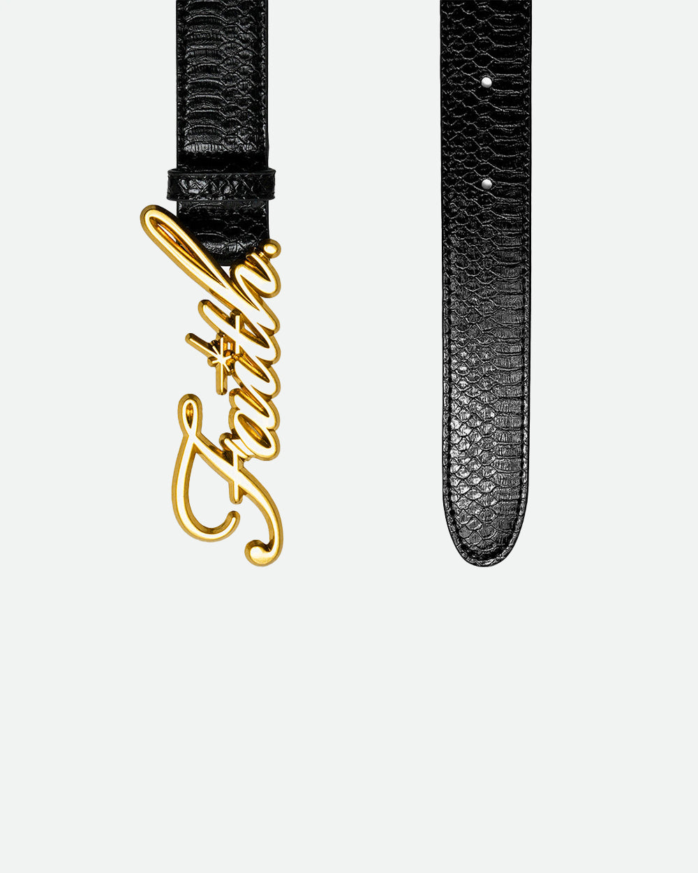 Gold faith belt buckle on a black faux leather belt with embossed snake skin pattern