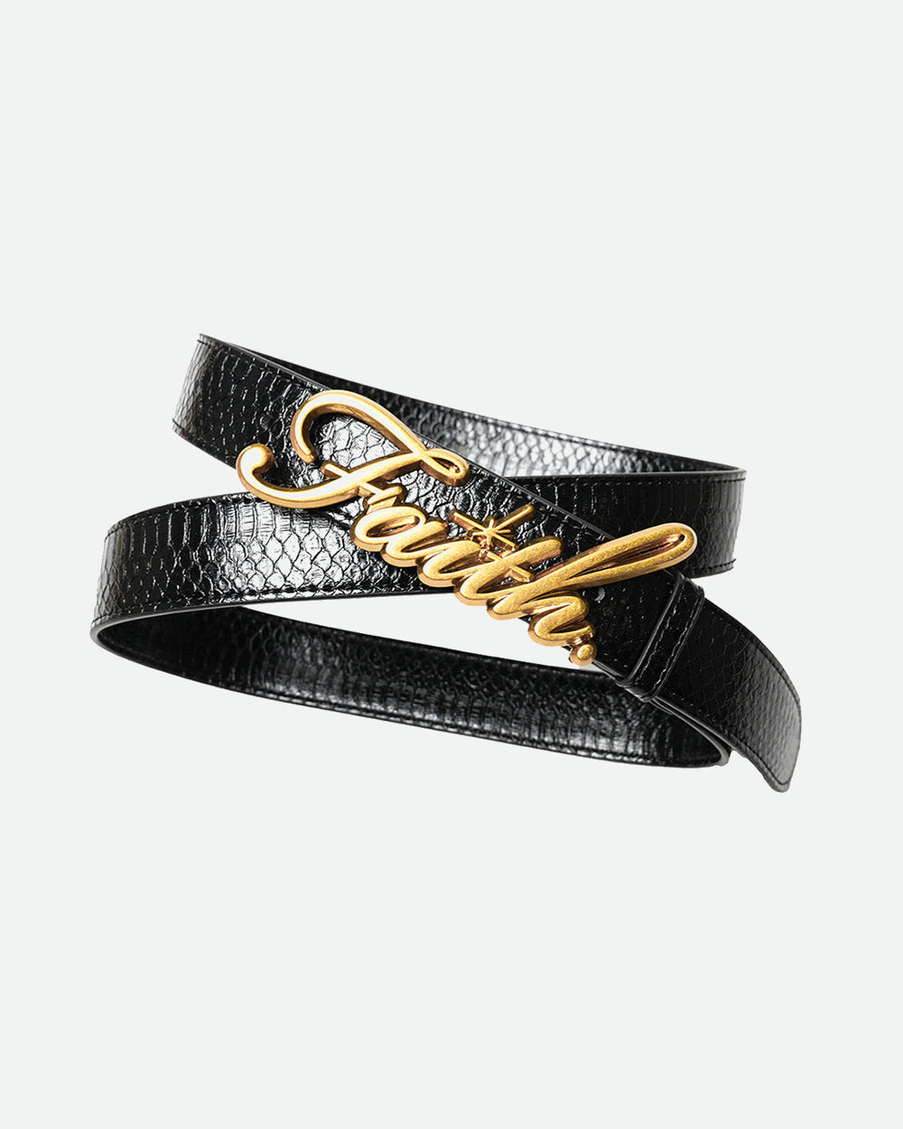 Gold faith belt buckle on a black faux leather belt with embossed snake skin pattern