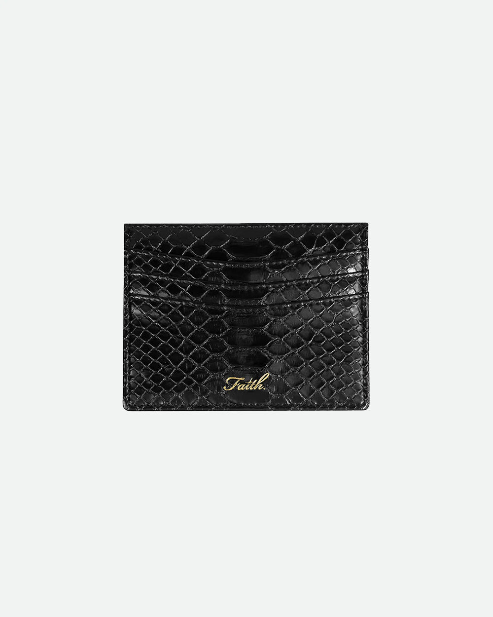 Faith black embossed snake skin card holder with gold logo detailing