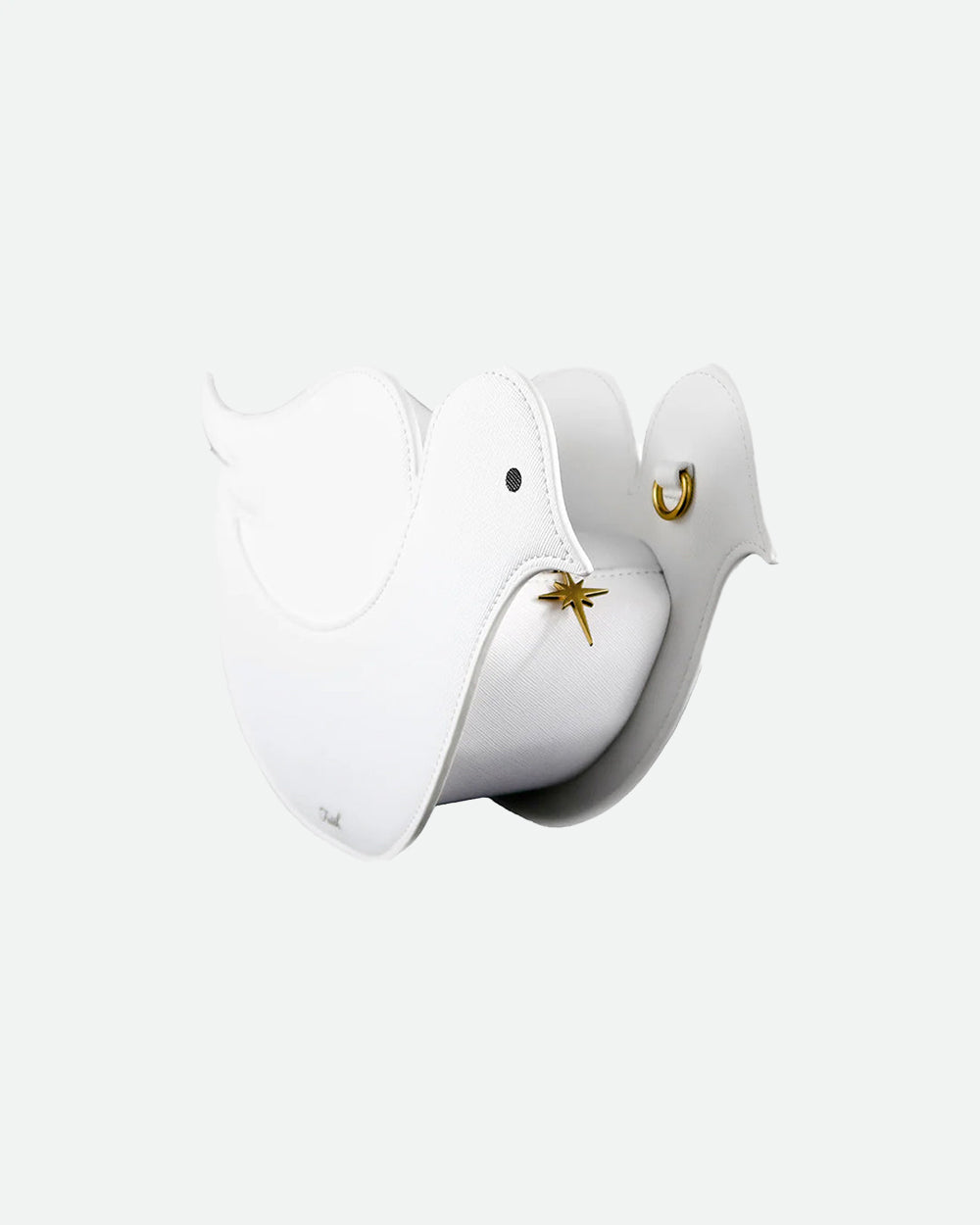 Faith dove-shaped white crossbody bag with gold hardware and adjustable strap