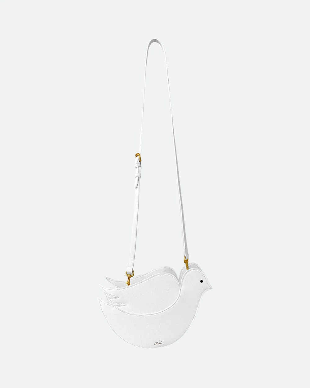 Faith dove-shaped white crossbody bag with gold hardware and adjustable strap