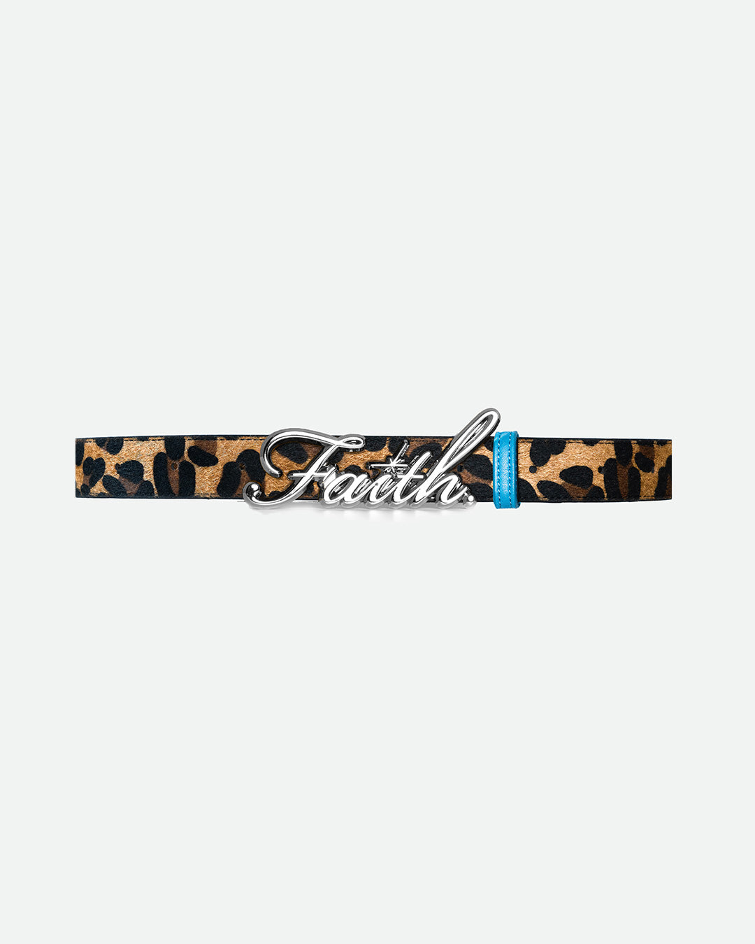 Leopard print belt with a chrome 'Faith' buckle, combining faux design with a bold gold script logo