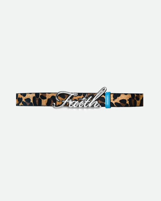 Leopard print belt with a chrome 'Faith' buckle, combining faux design with a bold gold script logo