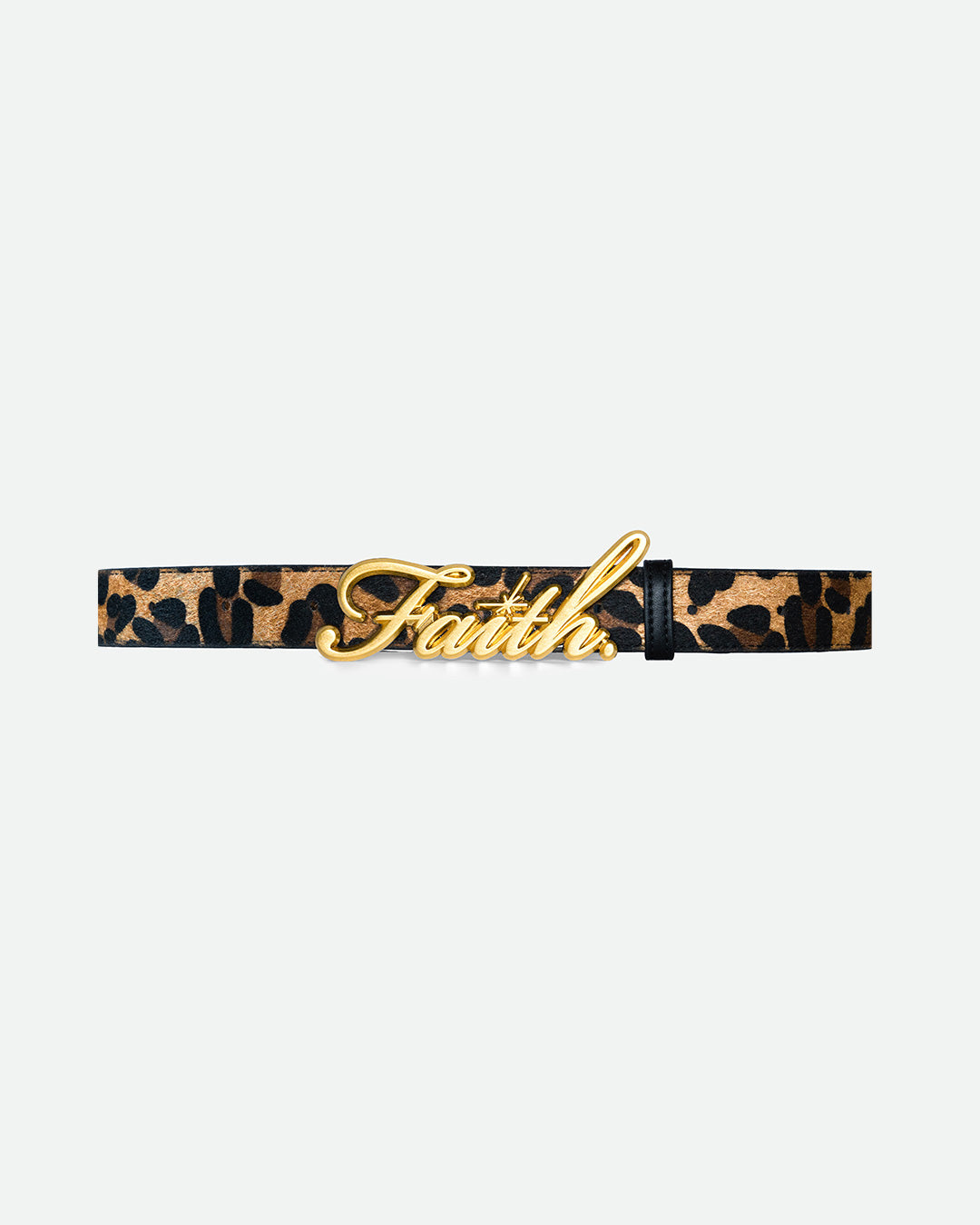 Leopard print belt with a gold 'Faith' buckle, combining faux design with a bold gold script logo