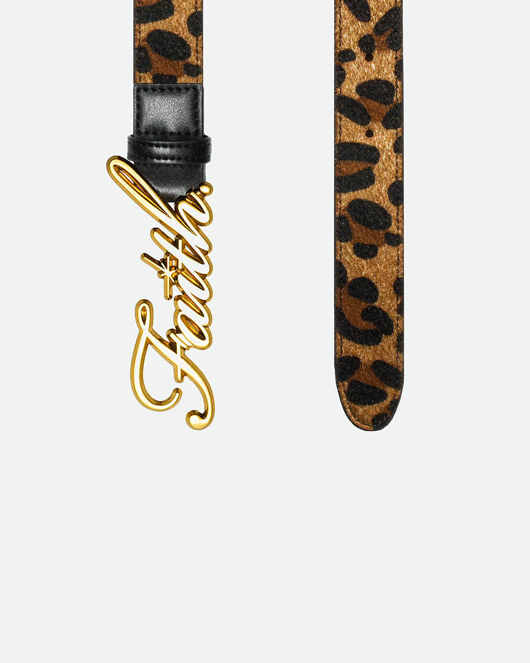 Leopard print belt with a gold 'Faith' buckle, combining faux design with a bold gold script logo
