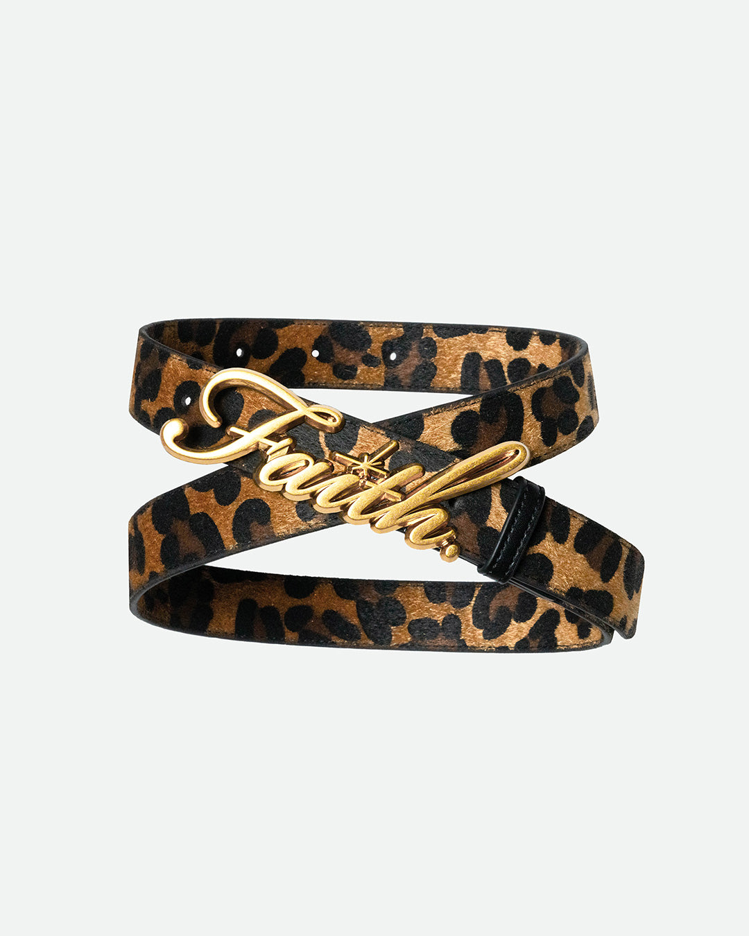 Leopard print belt with a gold 'Faith' buckle, combining faux design with a bold gold script logo