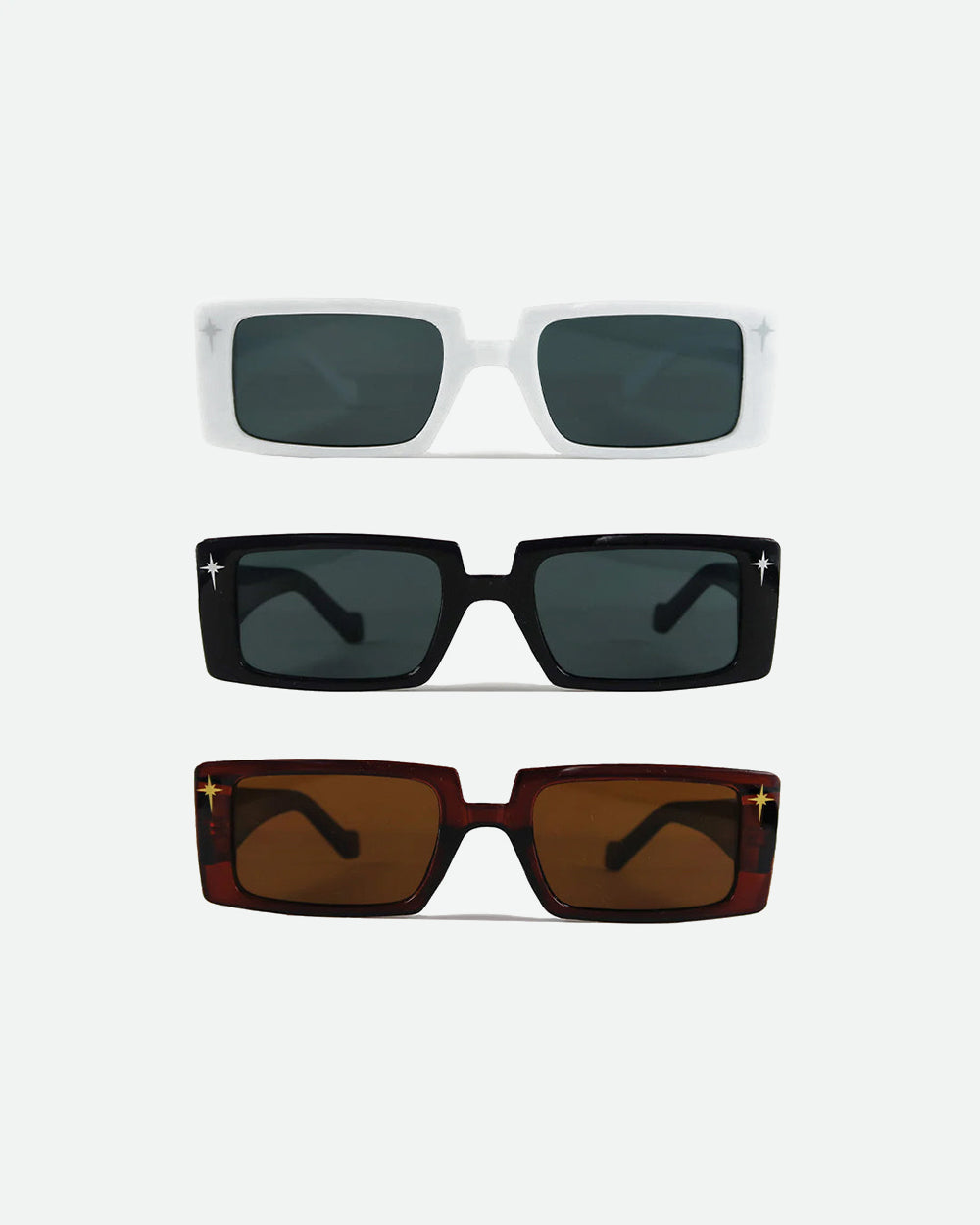 Sunglasses privado collection featuring white, black, and brown rectangular sunglasses with tinted lenses