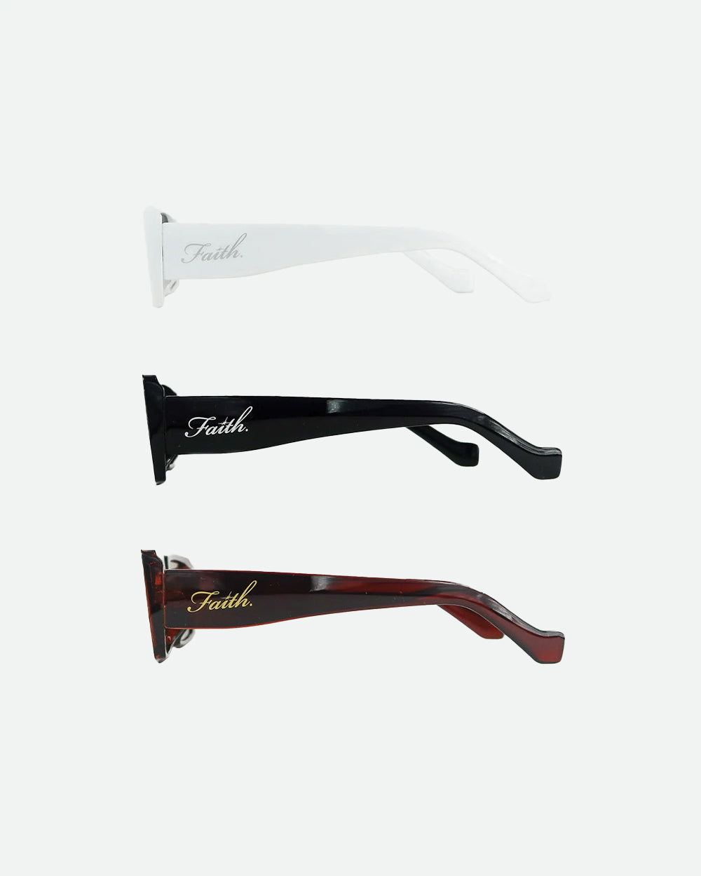 Sunglasses privado collection featuring white, black, and brown rectangular sunglasses with tinted lenses