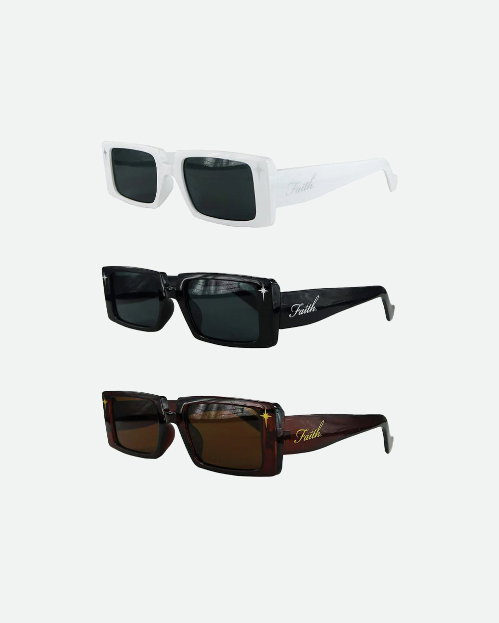 Sunglasses privado collection featuring white, black, and brown rectangular sunglasses with tinted lenses